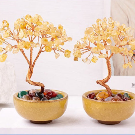 Buddha Boon - 9-Branch Citrine Money Tree - Wealth Abundance (Yellow Crystal & Agate Treasure Basin, Home Decor)