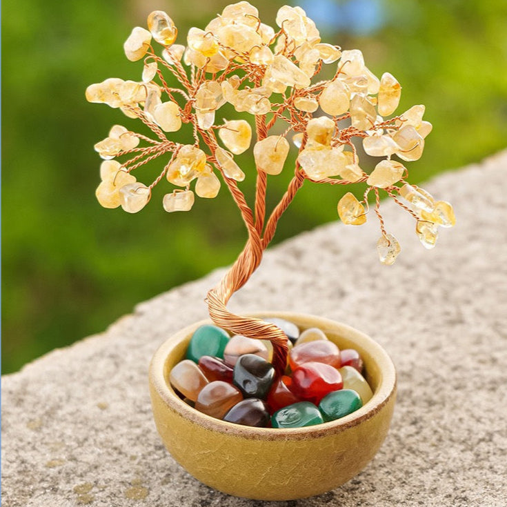 Buddha Boon - 9-Branch Citrine Money Tree - Wealth Abundance (Yellow Crystal & Agate Treasure Basin, Home Decor)